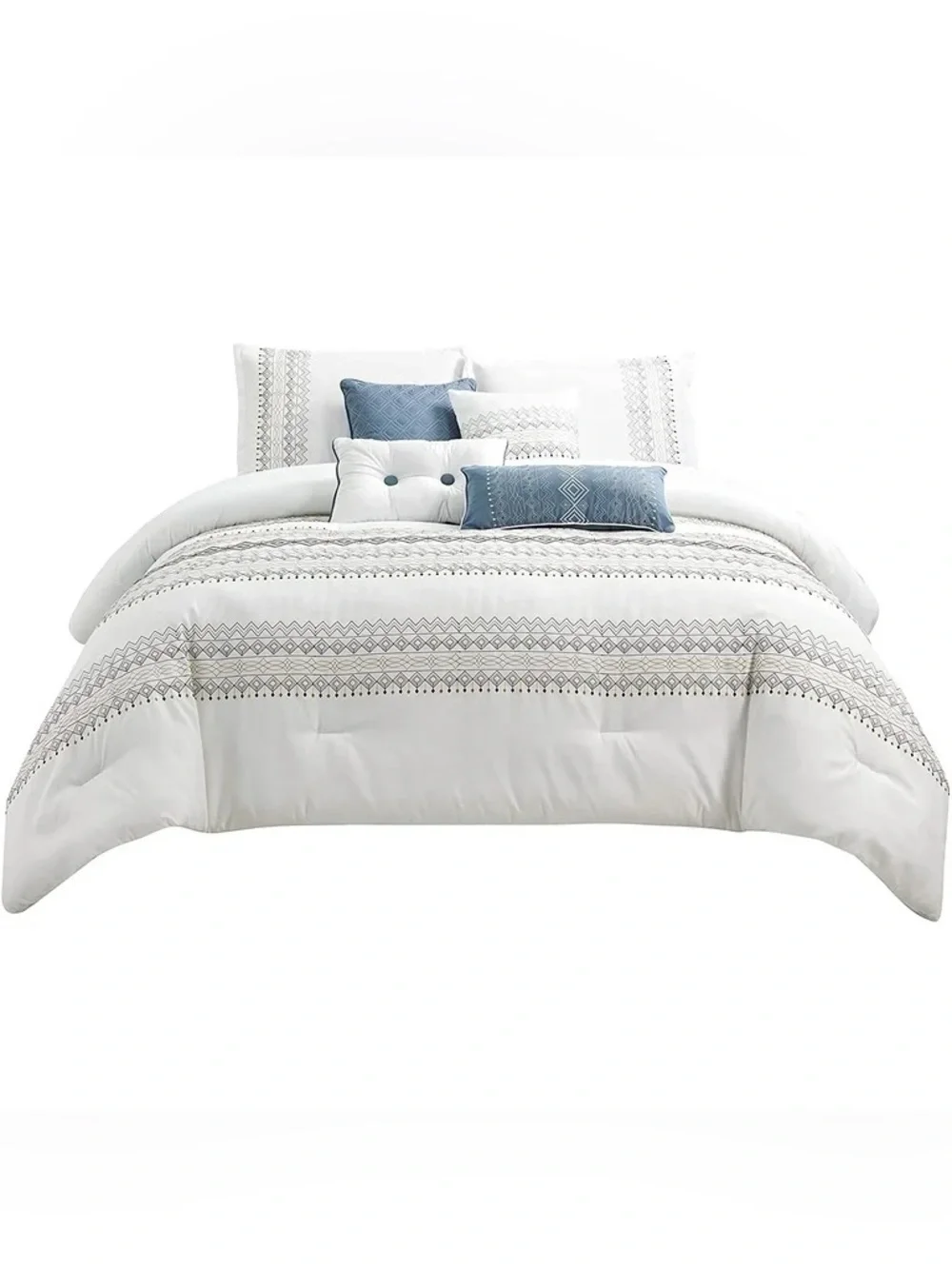 Embroidered Geo Pattern White and Blue 7 piece queen Comforter Set